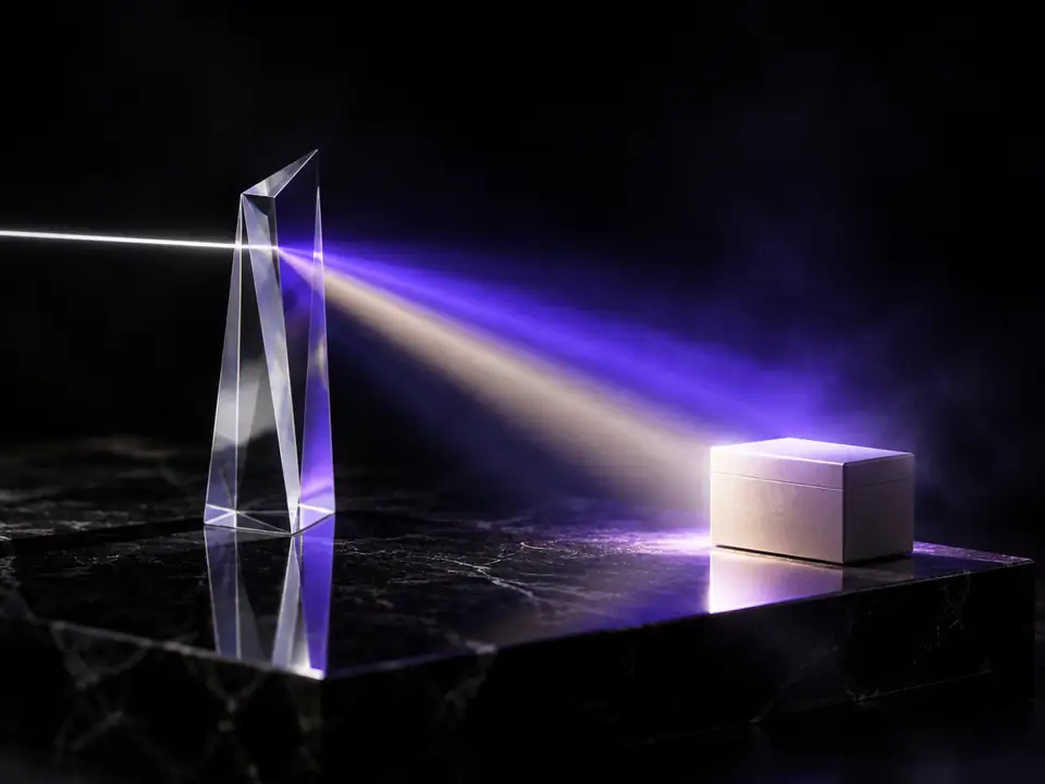 A crystal prism splitting a beam of light onto a single product box