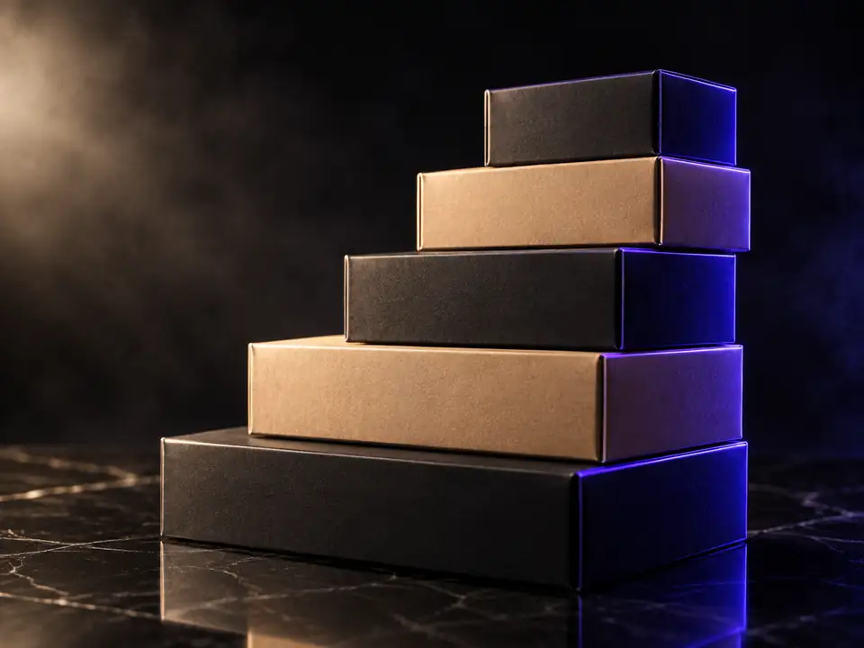 A staircase of black and kraft shipping boxes rising to the right under violet light