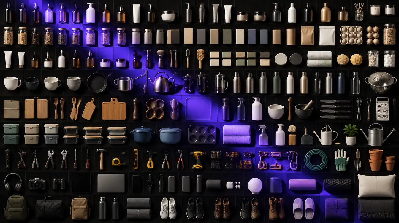 Hundreds of unbranded products arranged in a perfect grid, lit by a band of violet light