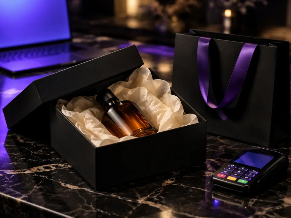 A black gift box with an amber bottle and tissue paper beside a laptop glowing violet